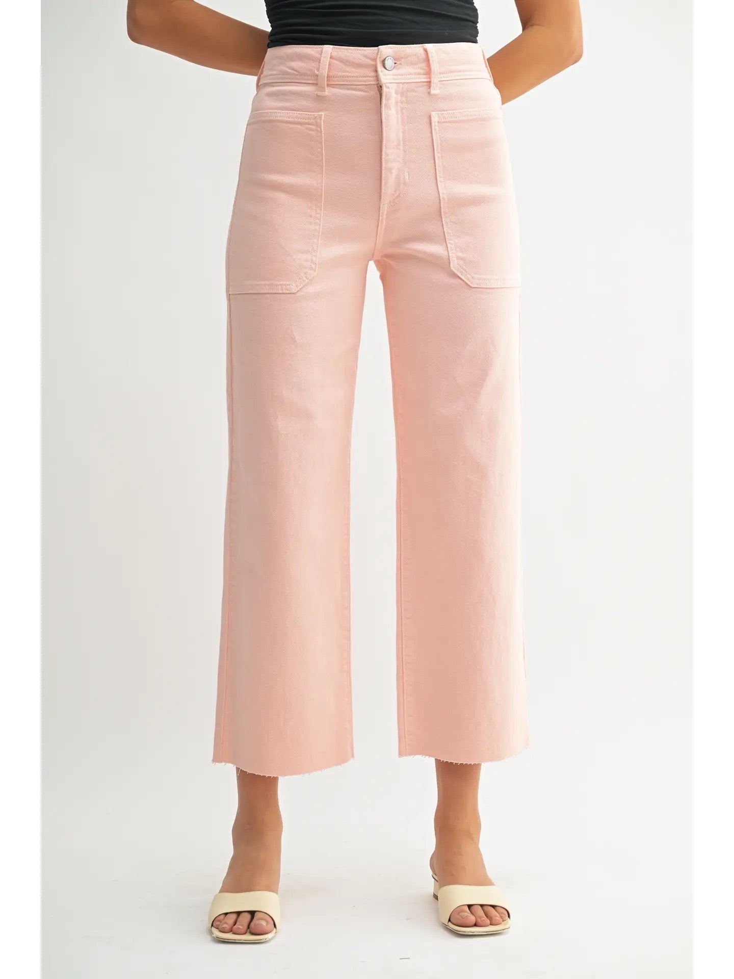 front view of peach utility wide leg jeans from Ardor Boutique