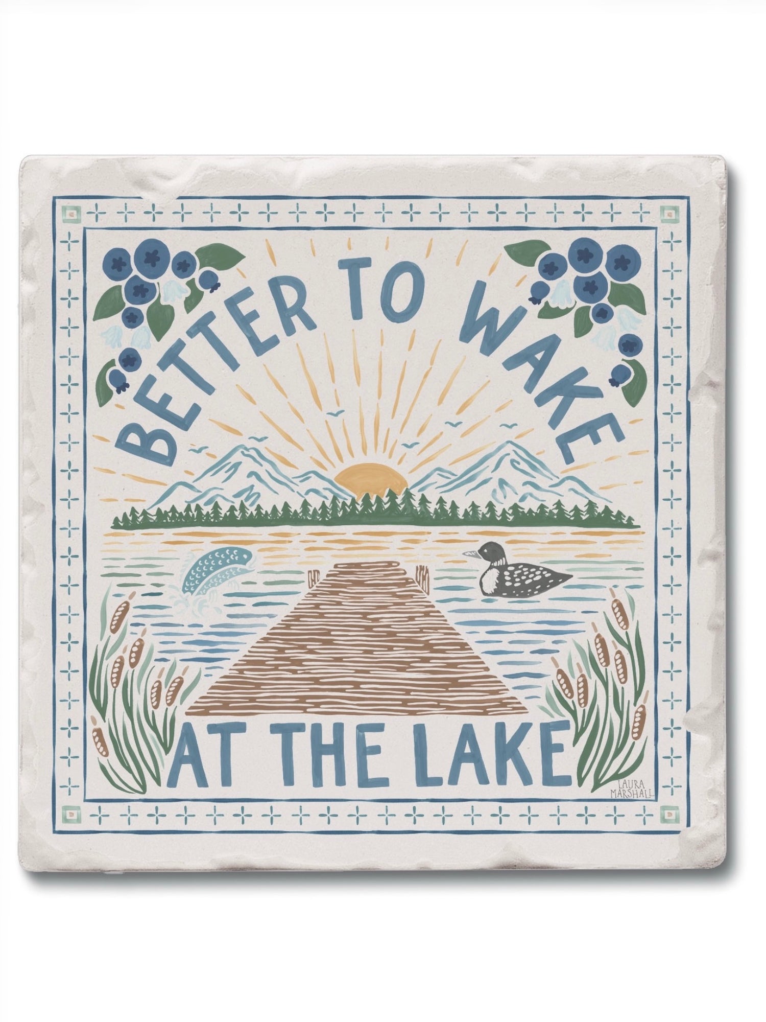 Better to Wake at the Lake stone coaster with lakeside artwork. 4” square absorbent tile with cork backing. Made in the USA.