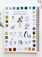 Winter Watercolor Workbook back cover with twelve watercolor illustrations and color swatches, spiral bound by Emily Lex