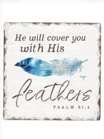 With His Feathers tile coaster featuring Psalm 91:4 and blue feather artwork, absorbent stone with cork backing from Ardor Boutique
