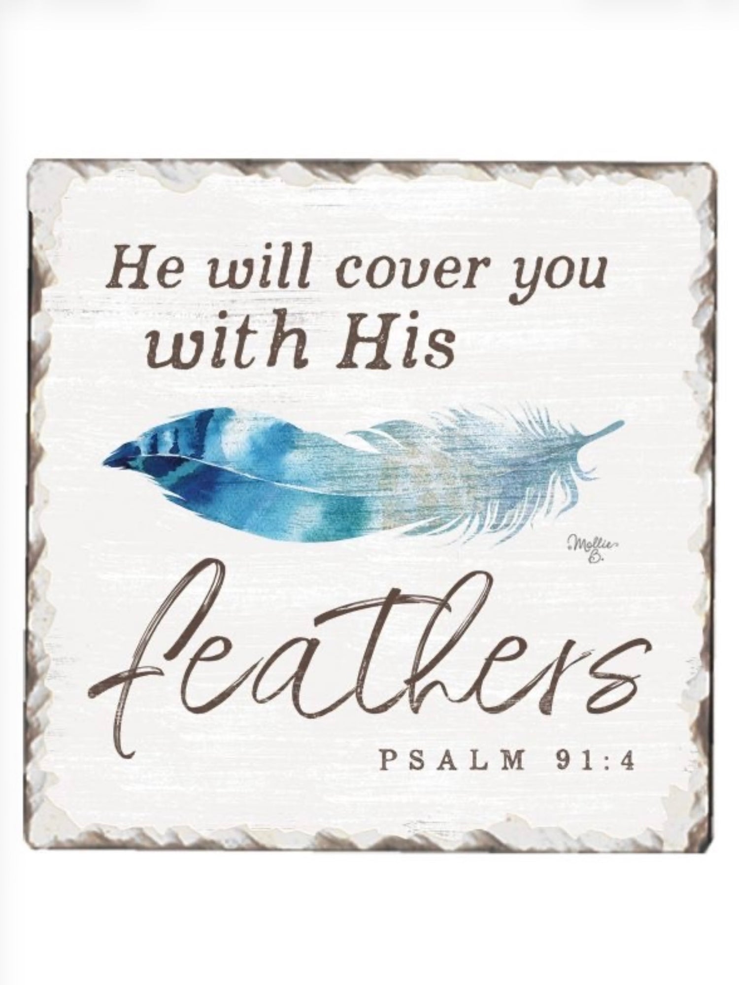 With His Feathers tile coaster featuring Psalm 91:4 and blue feather artwork, absorbent stone with cork backing from Ardor Boutique