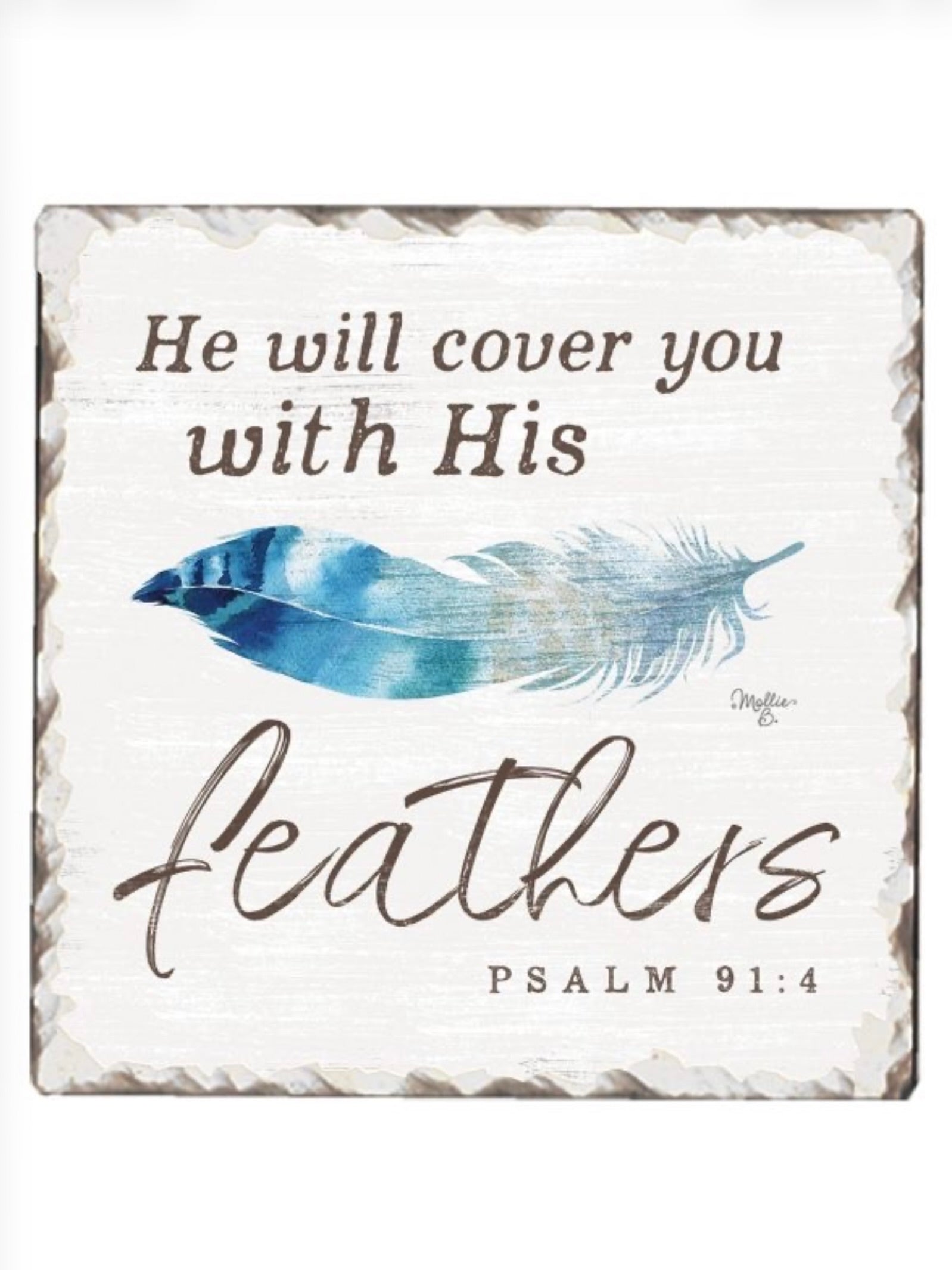 With His Feathers tile coaster featuring Psalm 91:4 and blue feather artwork, absorbent stone with cork backing from Ardor Boutique