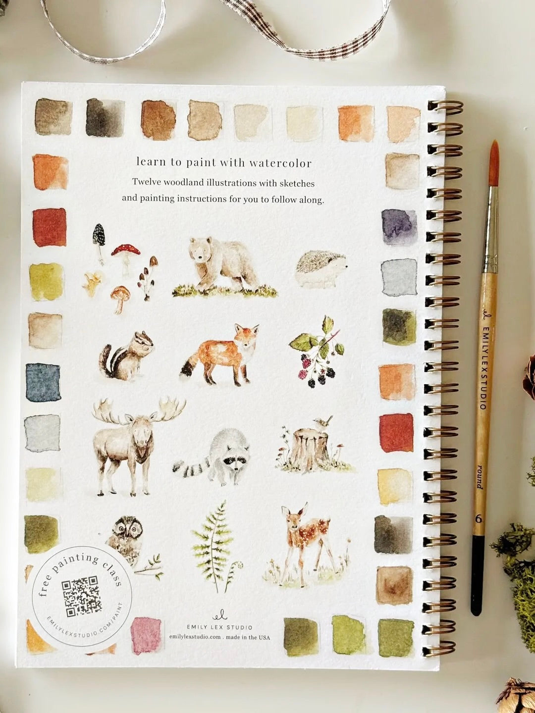 Woodland Watercolor Workbook back cover showing twelve woodland creatures and nature illustrations with color swatches, spiral bound by Emily Lex