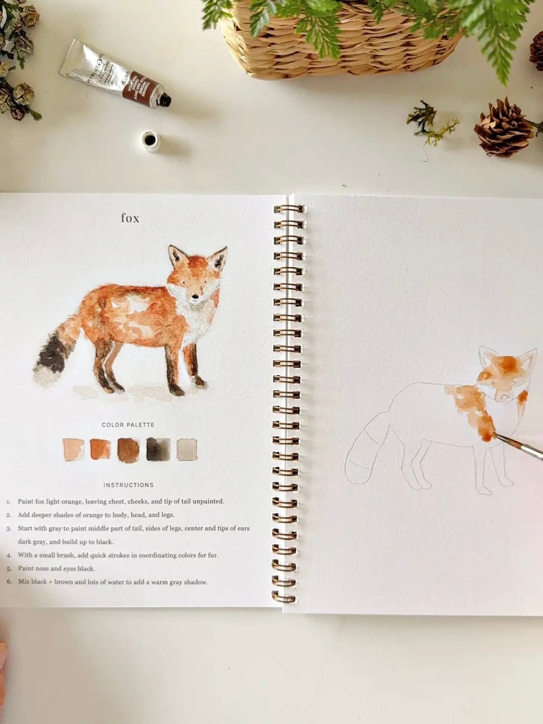 Woodland Watercolor Workbook open to fox painting page with step-by-step instructions, color palette, and outlined sketch by Emily Lex