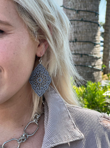 Lydia Leather Earrings on model