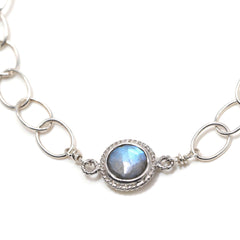Close up of Labradorite Nina Halls jewelry Labradorite Blue Collection Labradorite center stone Nickel-Free Sterling Silver Lobster Clasp Adjustable length to fit the smallest to larger wrists. Length options: shorter to mid, mid, and longest Beautifully handcrafted with love and care Expect slight variations in each piece due to the one of a kind nature of the gemstones. Each piece comes in a small Nina Halls leatherette pouch and gift box Found exclusively at Ardor Boutique