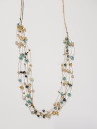 Stella beaded necklace- Aqua and pink multiple gold strands with colored beads scattered