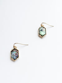 Narrisa Abalone earrings in gold. prism shaped dangle