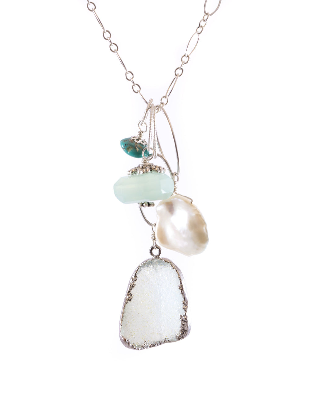 Fiji NH Necklace with Druzy, Keshi Pearl, Peruvian Chalcedony, and Kingman Turquoise Pendants