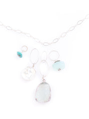 Fiji NH Necklace with Druzy, Keshi Pearl, Peruvian Chalcedony, and Kingman Turquoise Pendants deconstructed 