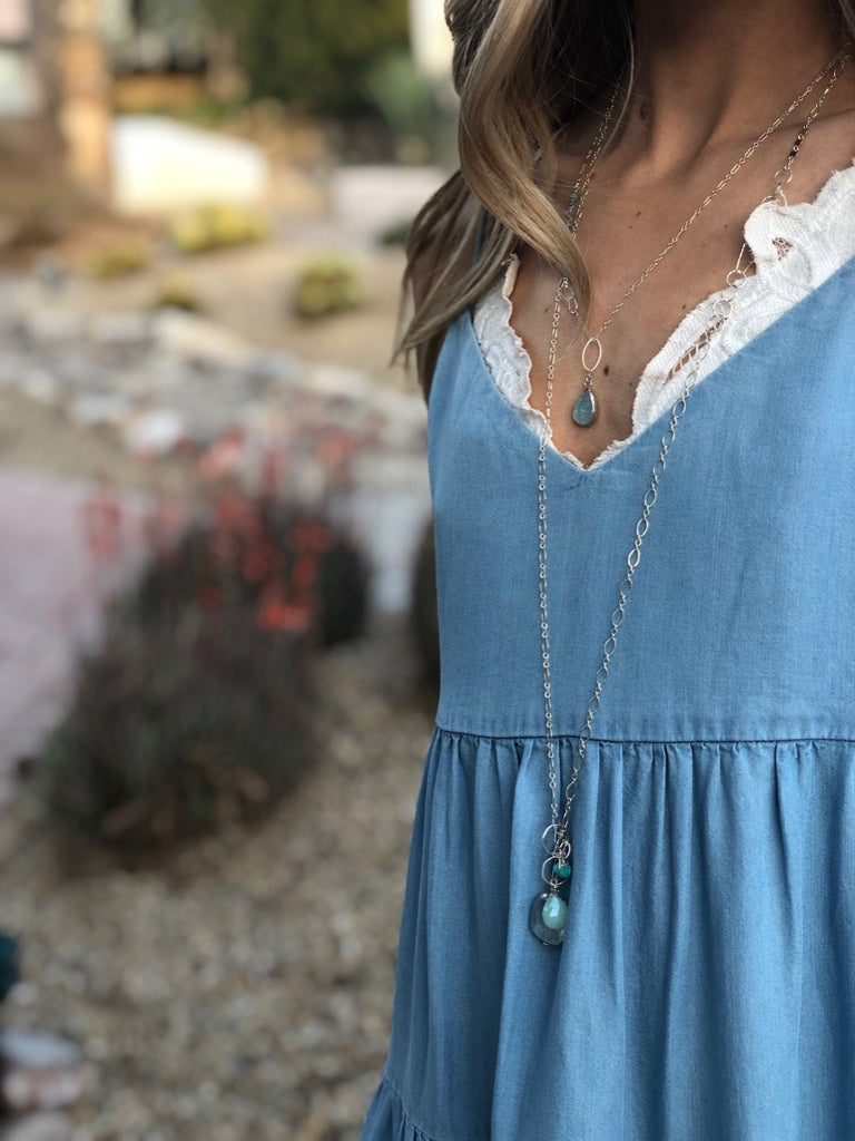 Fiji nh Necklace with Peruvian Chalcedony, Kingman Turquoise, and Smoked Quartz Pendants